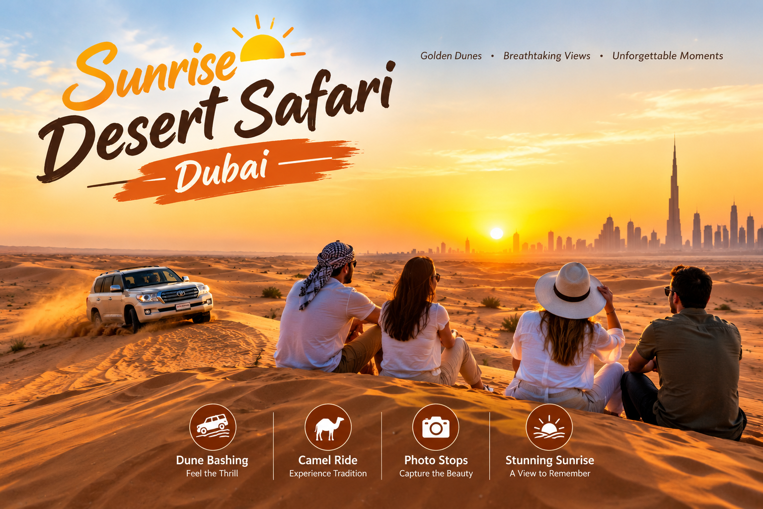Sunrise Desert Safari Dubai with camel rides, quad biking & Sandboarding