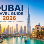 Dubai Travel Guide 2026 , Dubai skyline at sunset Burj Khalifa observation deck view Dubai Marina waterfront promenade Traditional abra crossing Dubai Creek Desert safari with camel ride Palm Jumeirah aerial view Family enjoying Jumeirah Beach Dubai Mall interior Gold Souk market in Old Dubai Museum of the Future exterior
