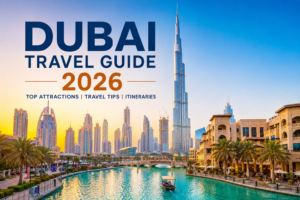 Dubai Travel Guide 2026 , Dubai skyline at sunset Burj Khalifa observation deck view Dubai Marina waterfront promenade Traditional abra crossing Dubai Creek Desert safari with camel ride Palm Jumeirah aerial view Family enjoying Jumeirah Beach Dubai Mall interior Gold Souk market in Old Dubai Museum of the Future exterior
